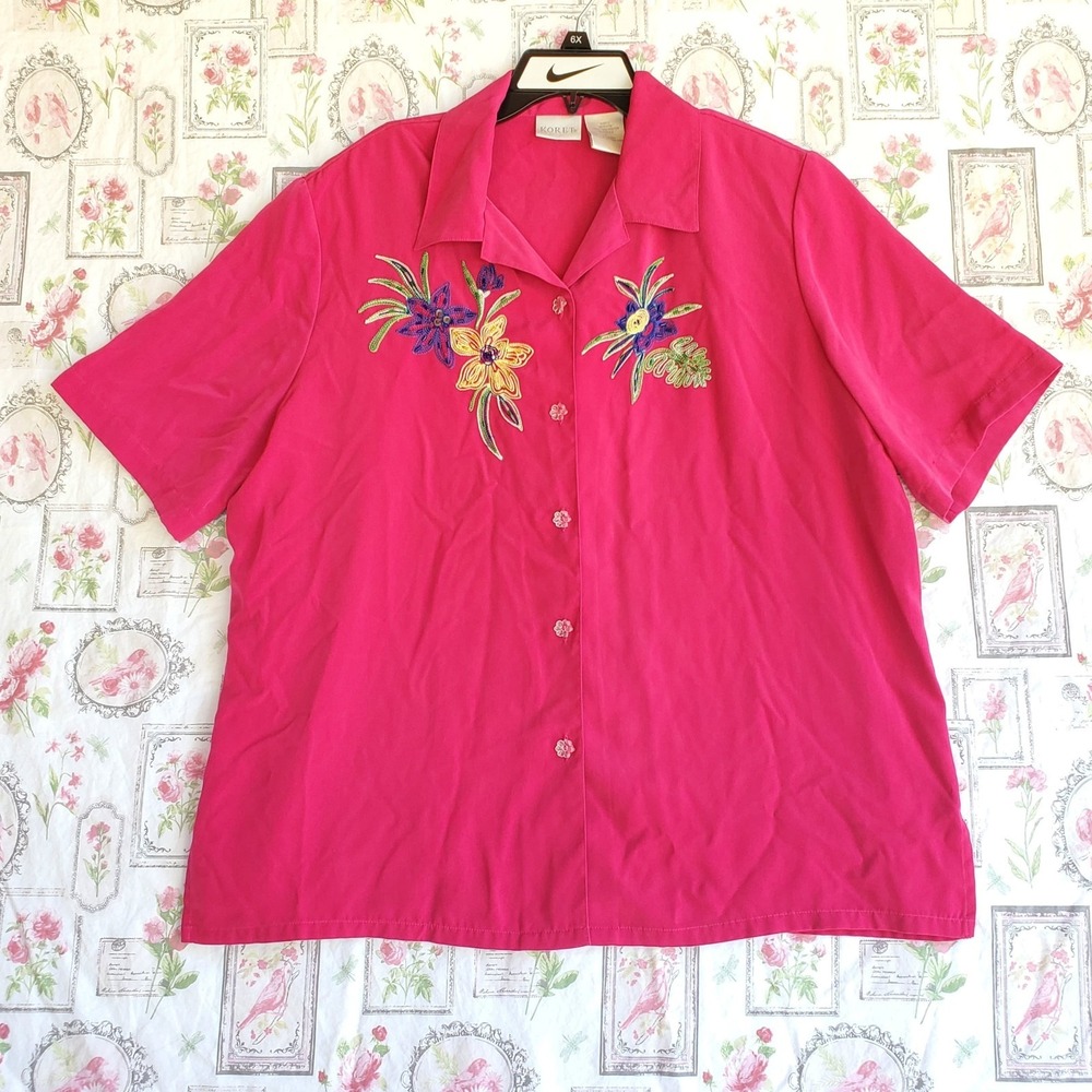 Vintage Koret Pink Embroidered Floral Button-Up Shirt Blouse Women's Size L
